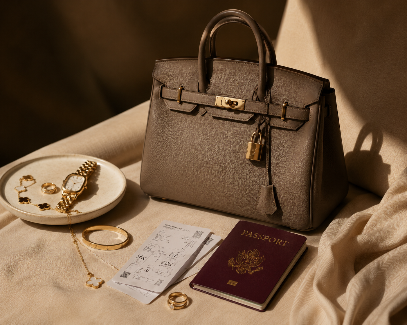 Luxury handbag, watch, jewelry and passport still life
